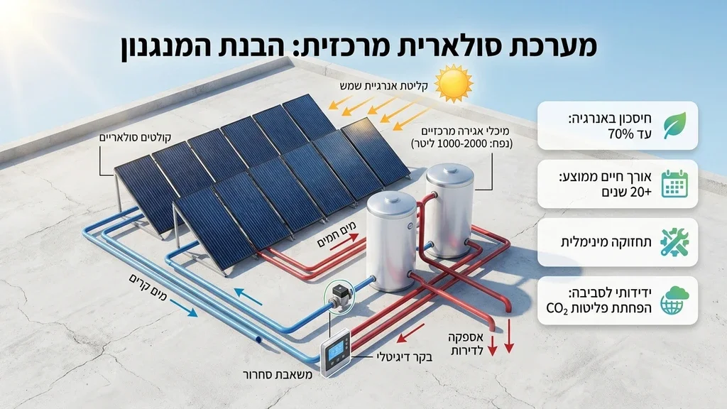 אחרי הפסקה הראשונה תחת הכותרת הבנת המנגנון של מערכת סולארית מרכזית. התמונה צריכה להמחיש מערכת נקייה ומתוחזקת על גג. מערכת סולארית מרכזית מתוחזקת על גג בניין משותף