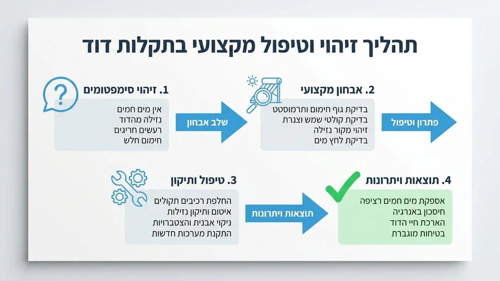אחרי הפסקה תחת הכותרת זיהוי תקלות וטיפול מקצועי בזמן אמת. התמונה צריכה להראות איש מקצוע בודק את המערכת. טכנאי מקצועי מבצע תיקון מערכת סולארית בבניין משותף
