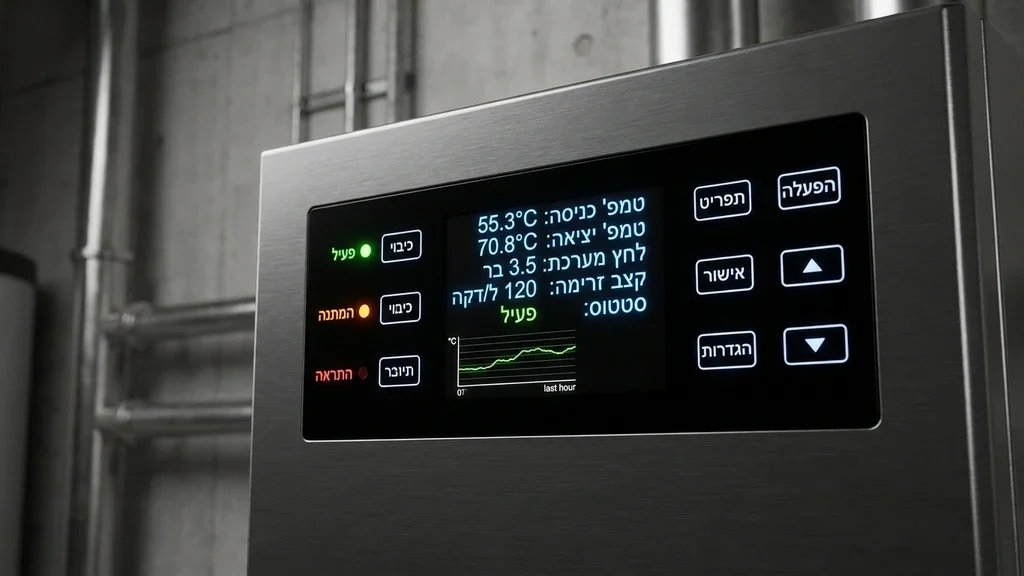 אחרי הפסקה המסבירה על מערכות הבקרה והפיקוד. התמונה תציג אלמנט טכני כמו לוח פיקוד דיגיטלי או משאבה נקייה. לוח פיקוד ובקרה חכם של מערכת חימום מים משותפת